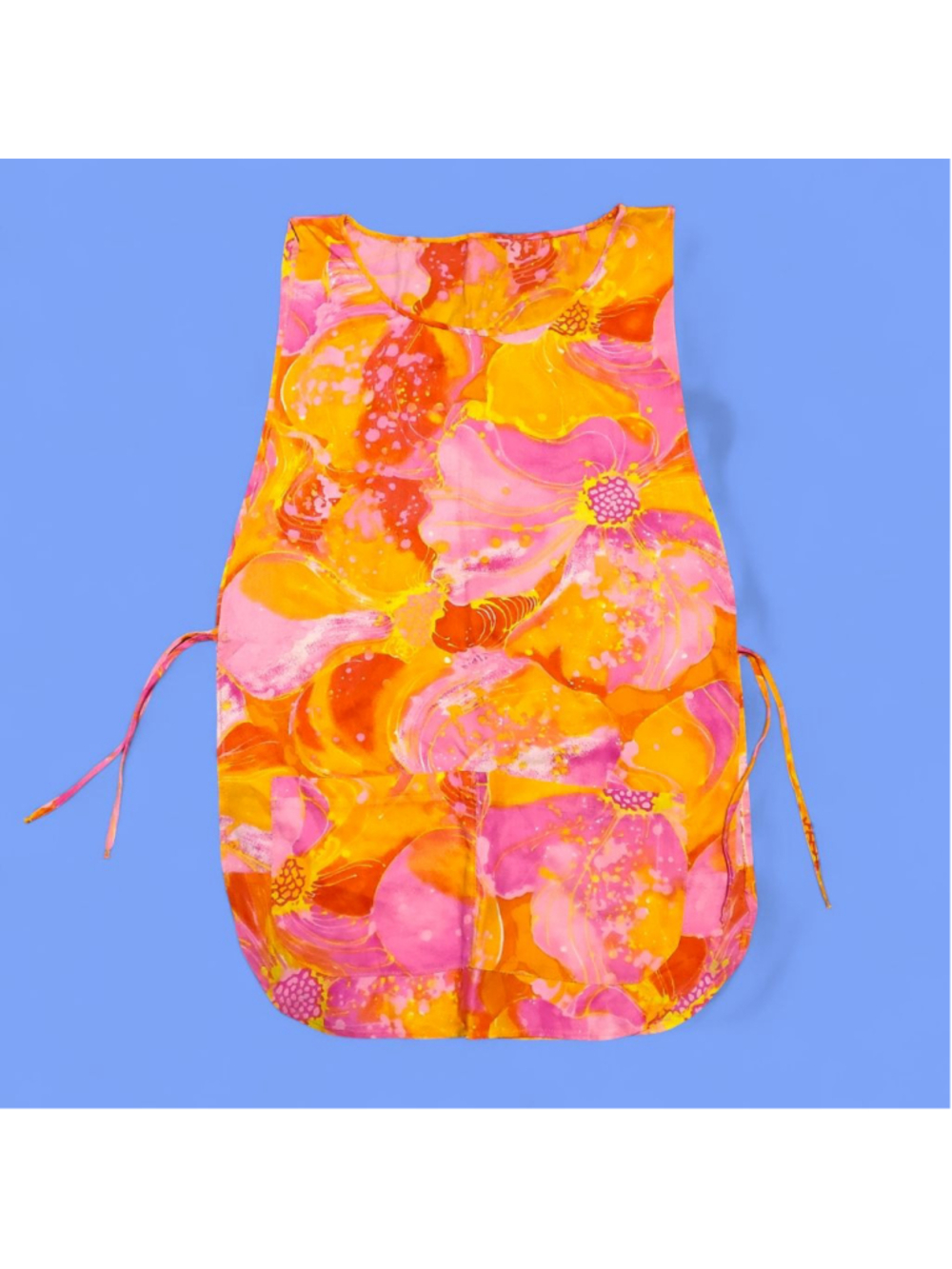 Vintage 60s Bright Groovy Pink Orange Yellow Abstract Floral Print Apron Smock